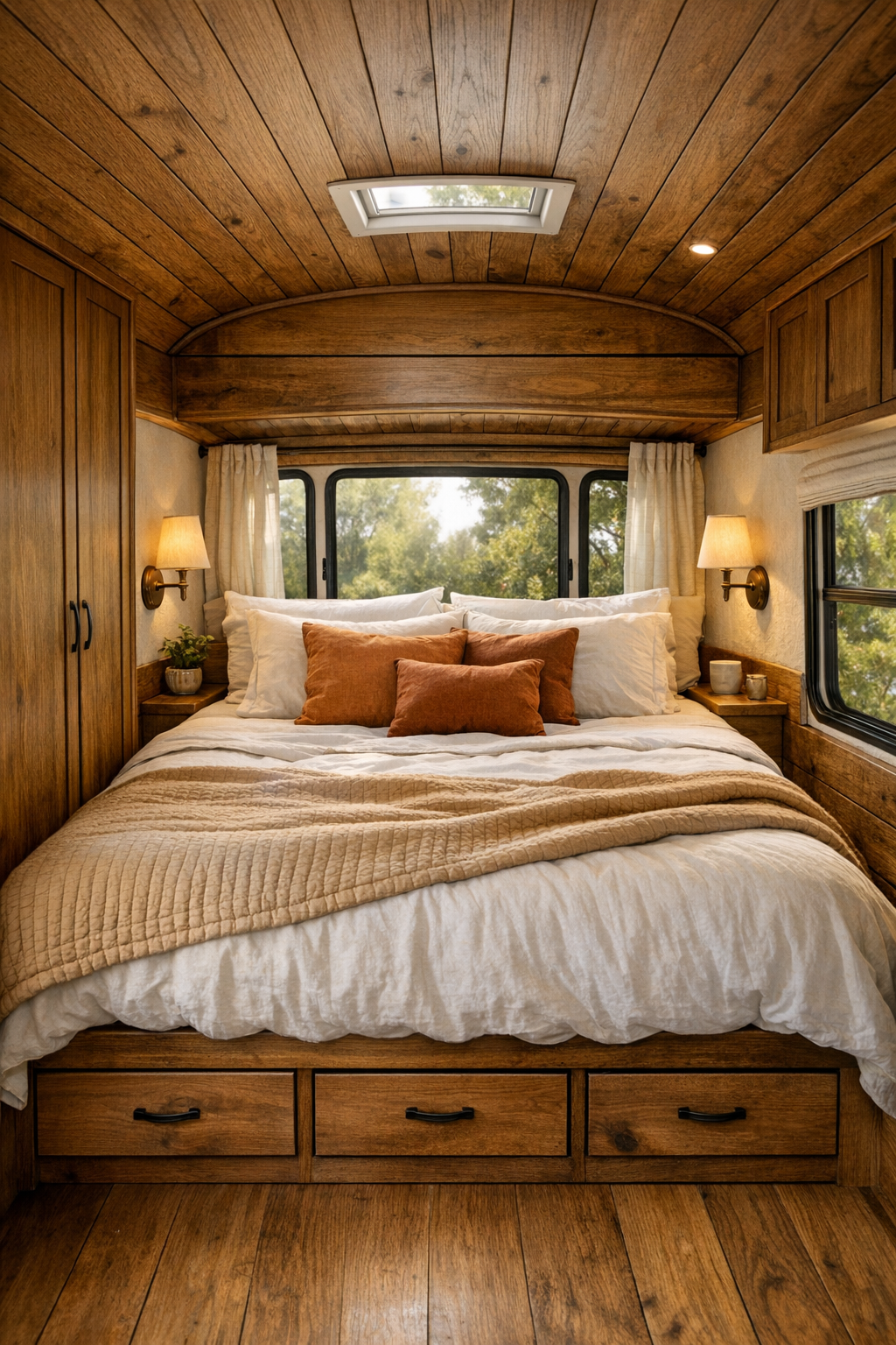 Serene bus bedroom with built-in bed, linen bedding, and warm wood walls