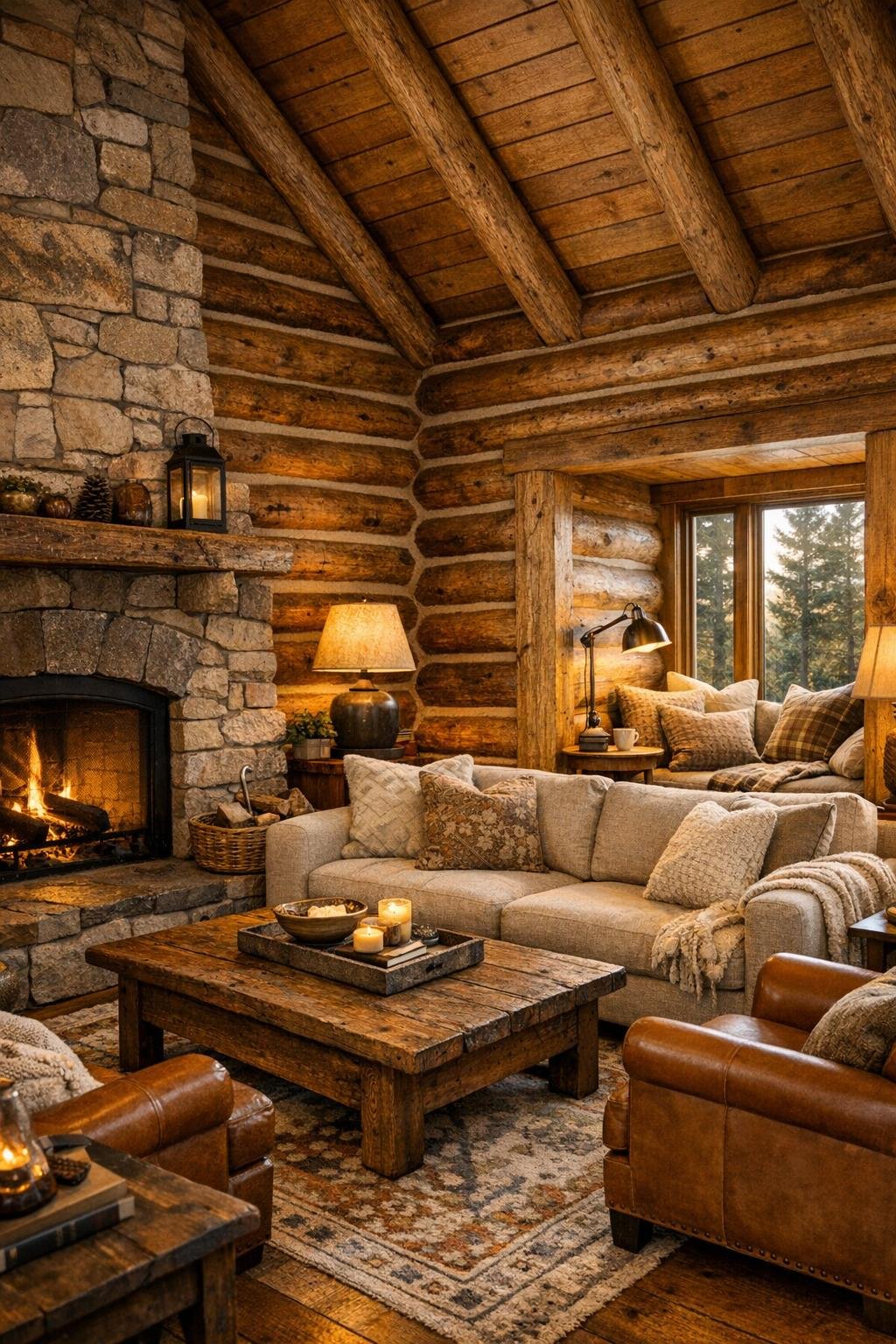 Living room with stone fireplace, log walls, and a cozy reading nook by the window