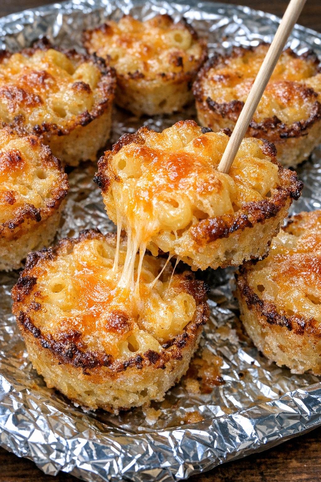 Golden baked macaroni bites with melted cheddar
