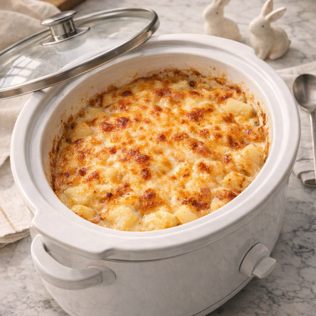 Slow cooker potato bake ready for a holiday meal