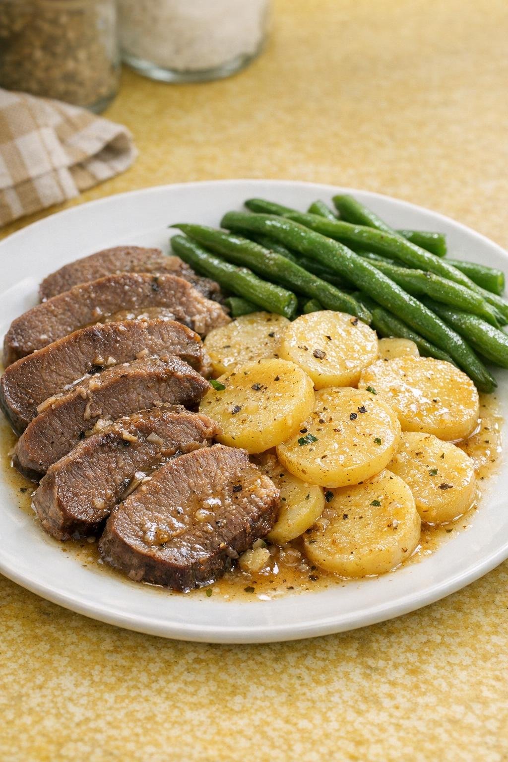Finished slow cooker beef tongue and sliced potatoes plated with cooking juices