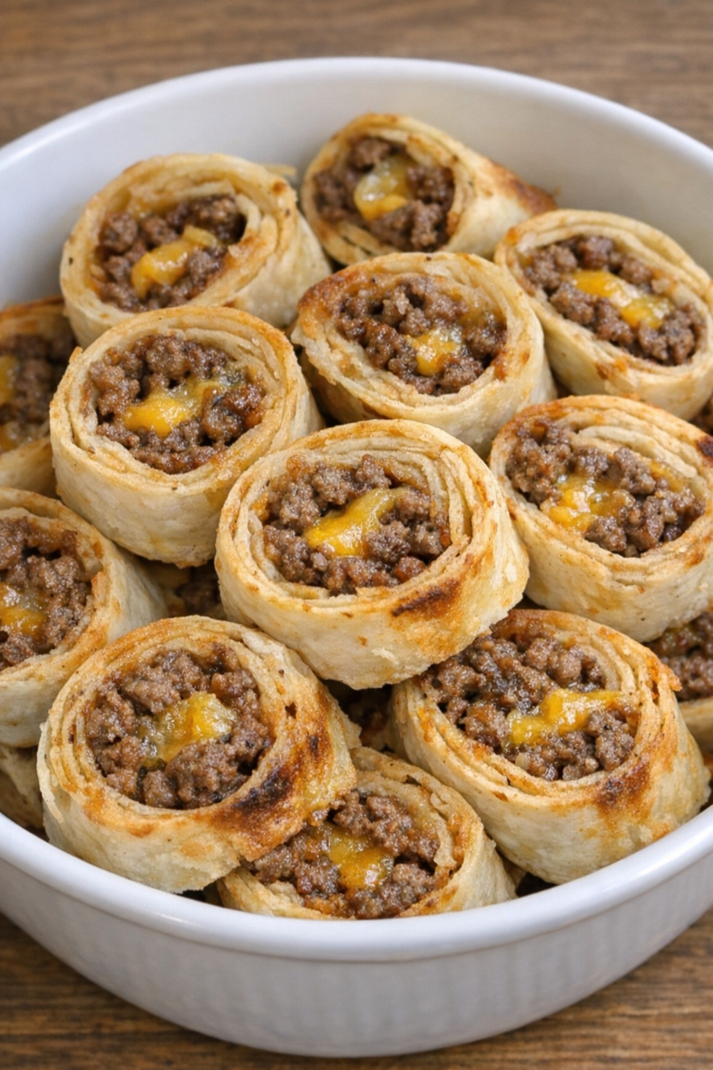 Oven baked beef tortilla roll ups in a white ceramic serving bowl