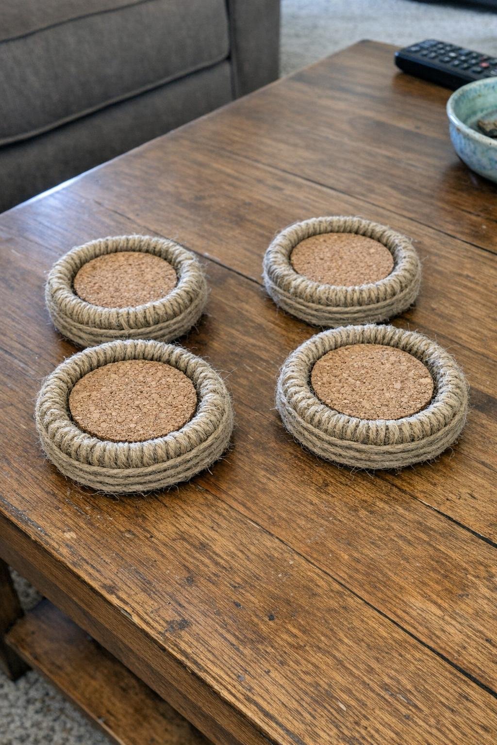 Twine-wrapped jar-ring coasters with cork centers