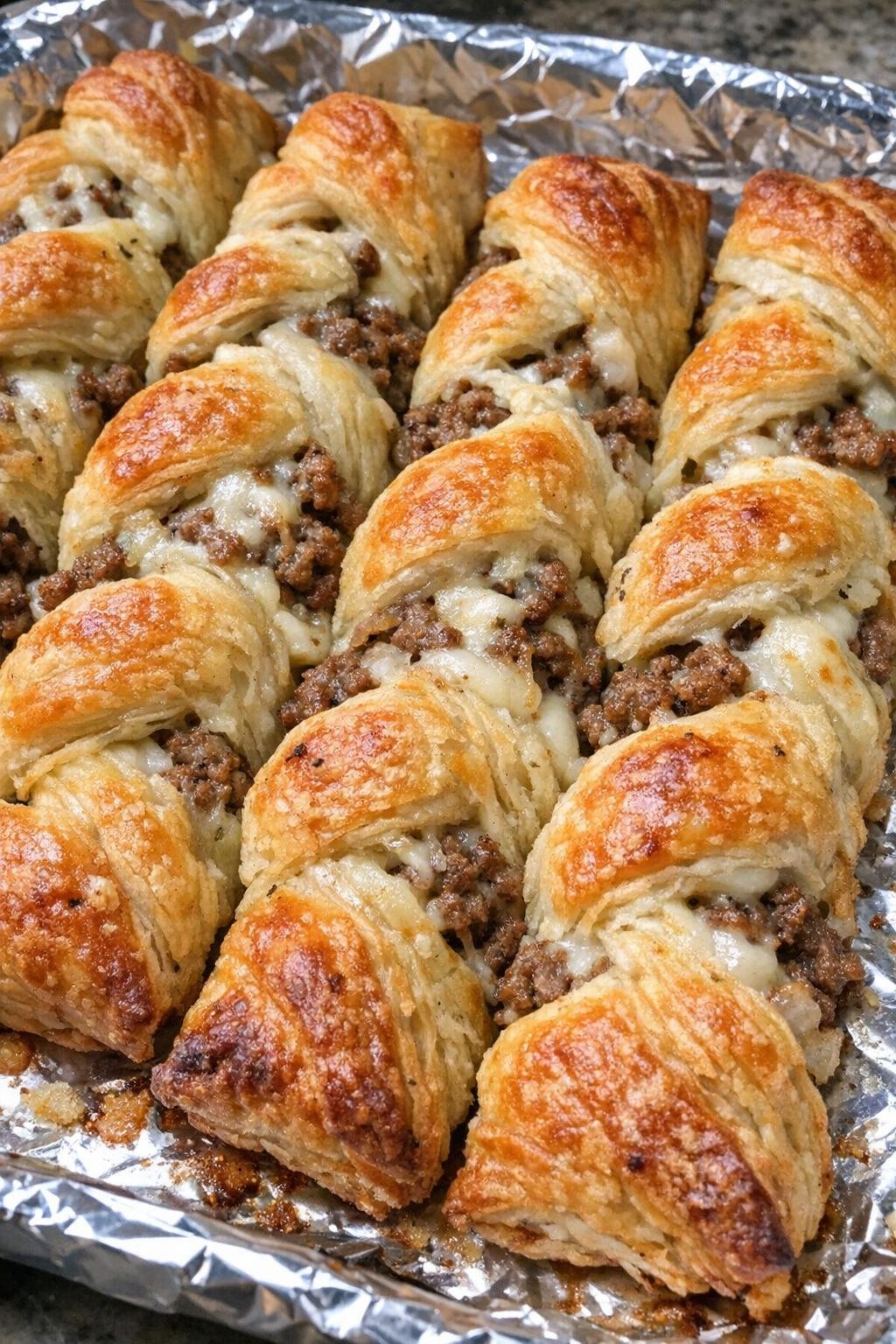 Golden brown beef pastry twists fresh from the oven