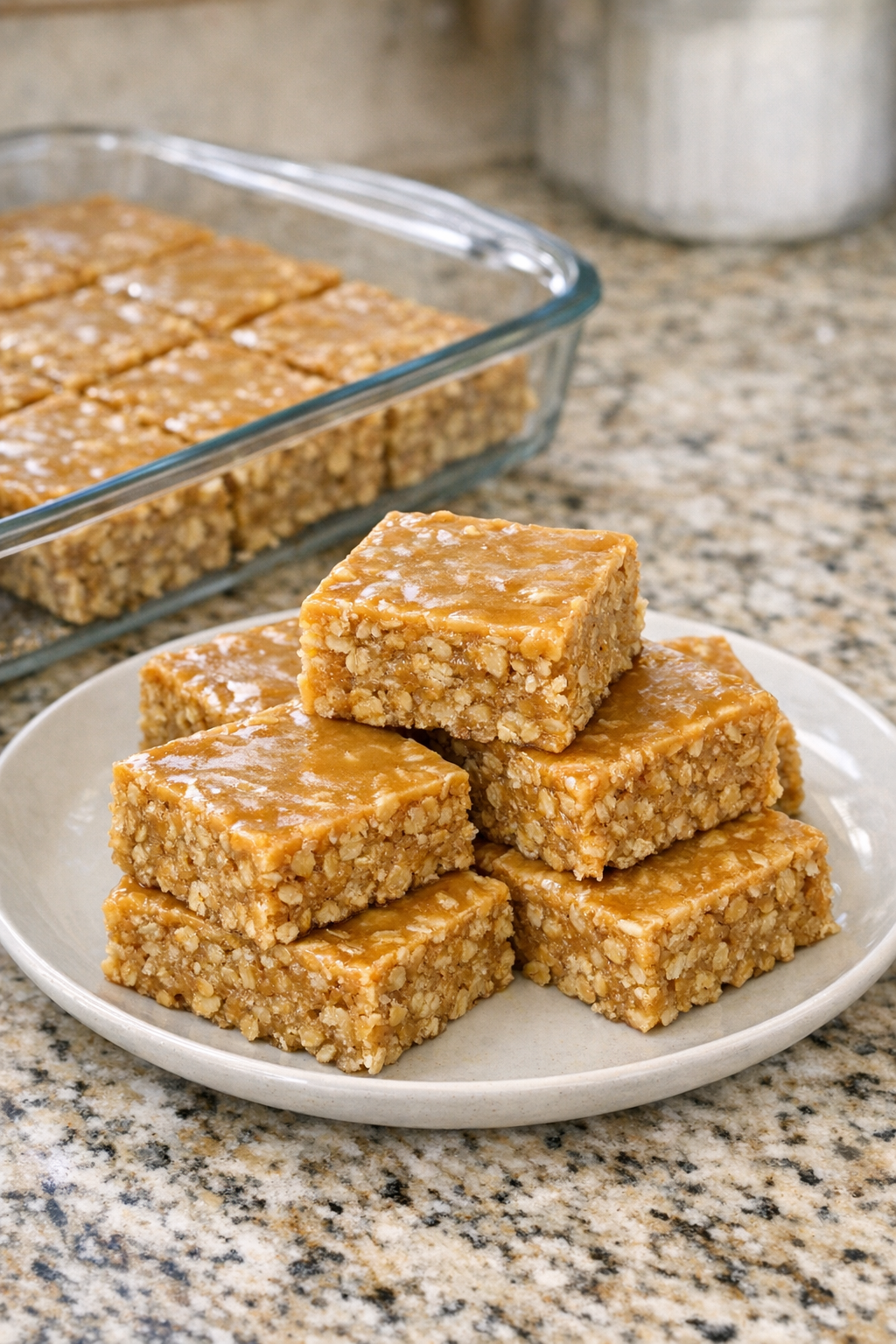 Finished peanut butter oat bars cut into squares and plated