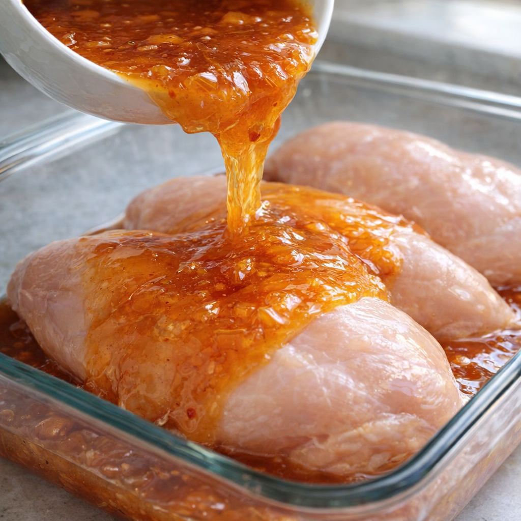 Amber apricot sauce being poured over chicken in baking dish