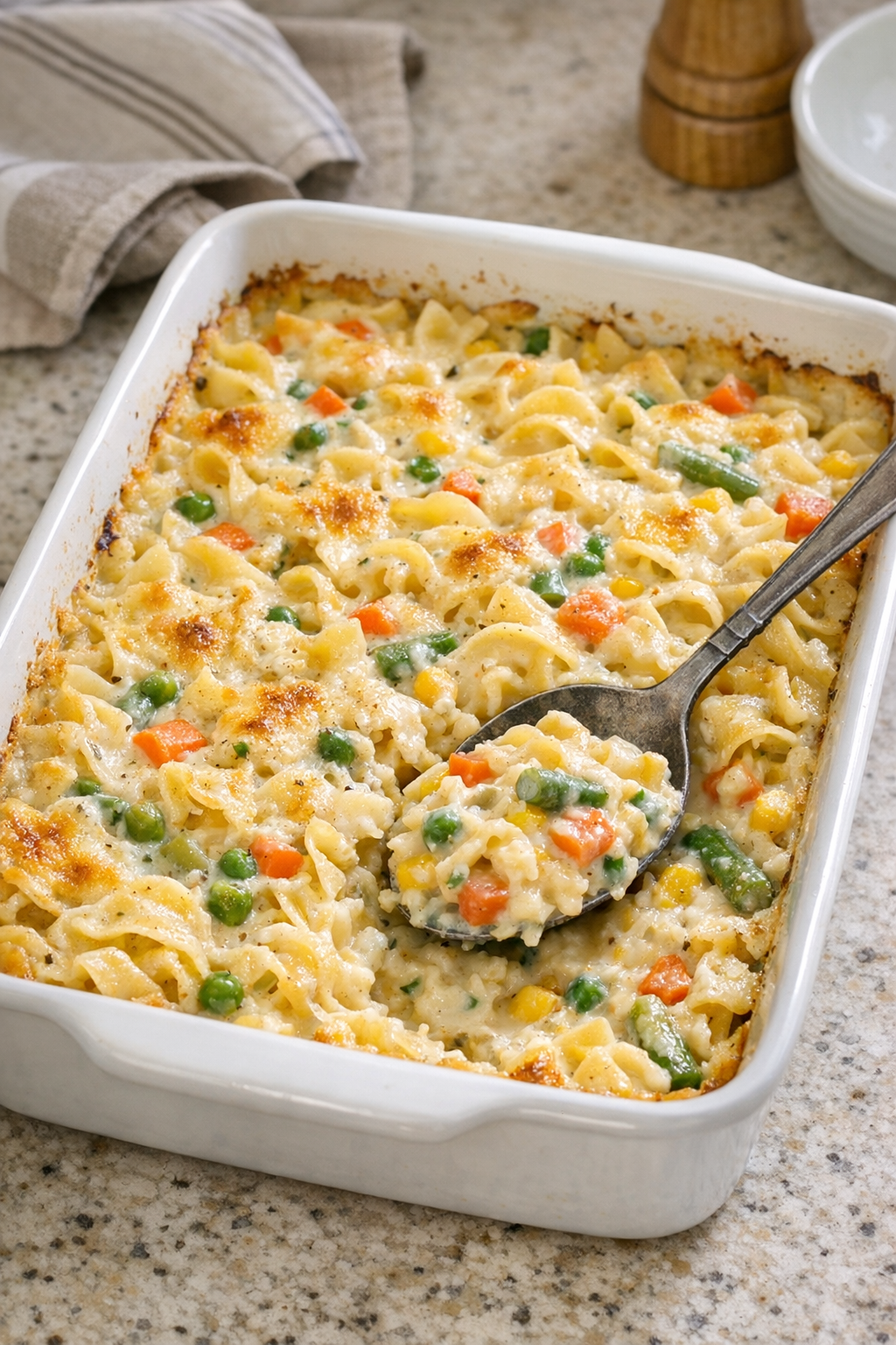 Finished baked vegetable cream noodles casserole in a baking dish
