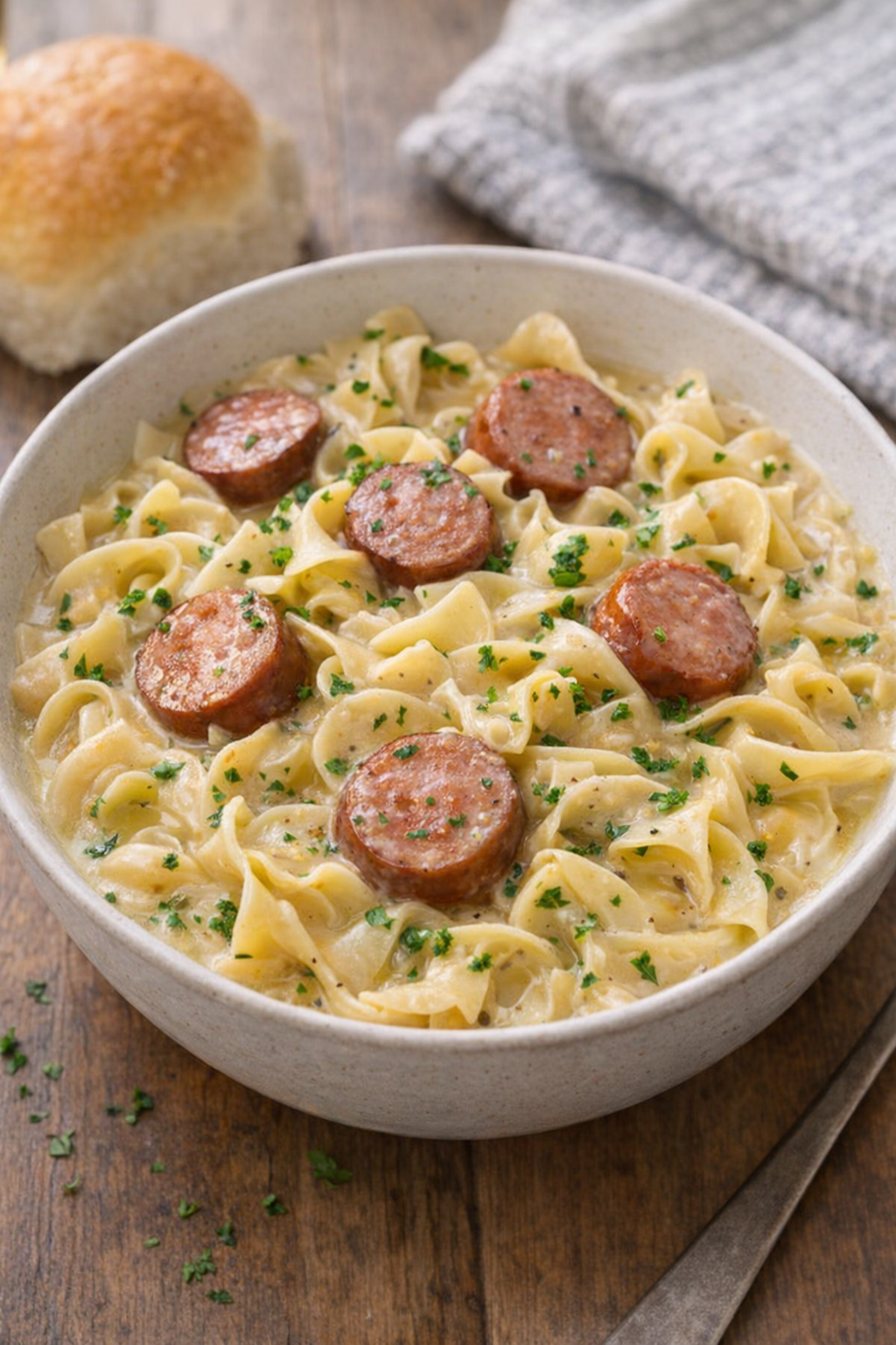 Slow cooker kielbasa and noodles served in a cozy family bowl