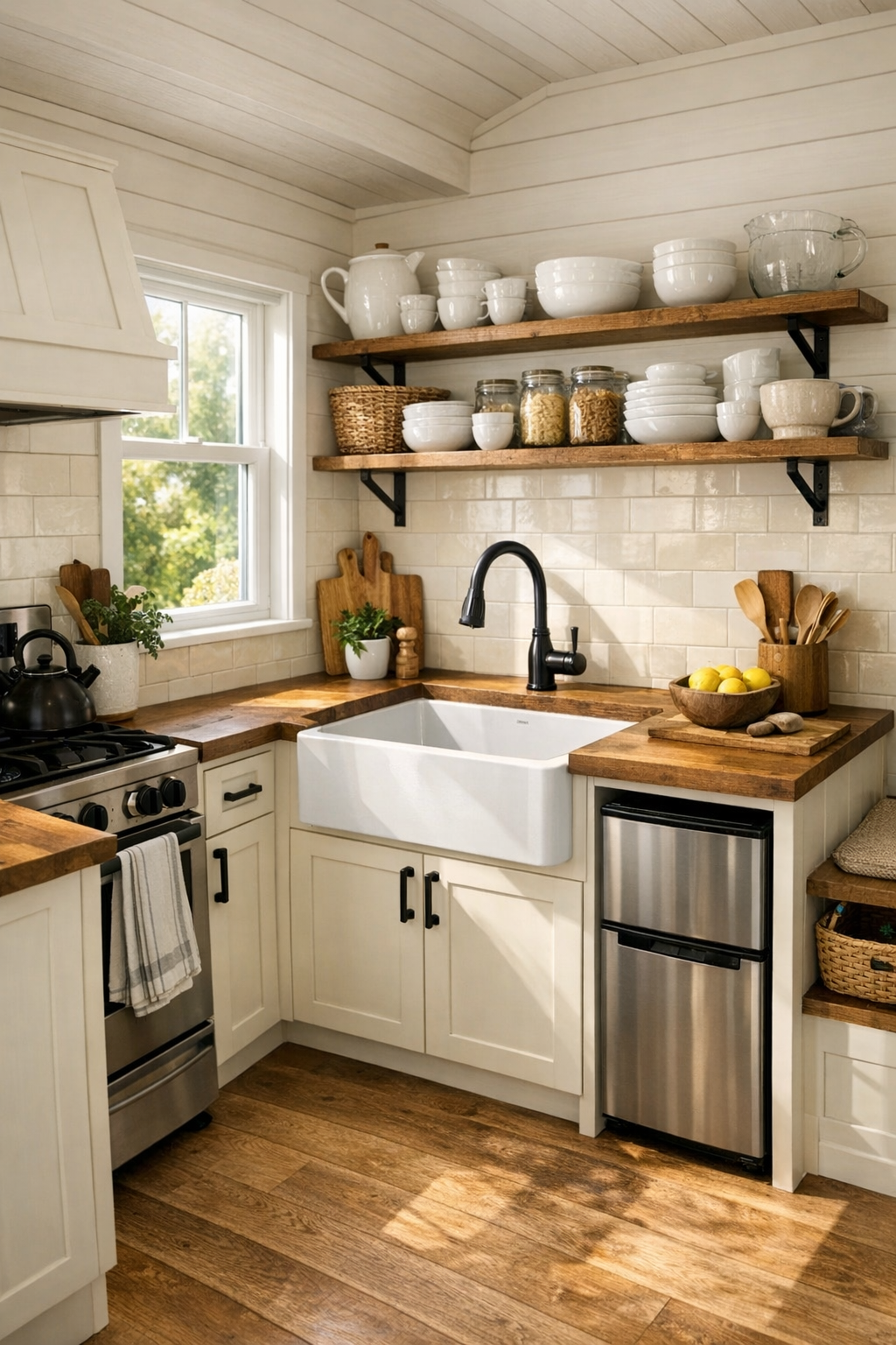 Handcrafted tiny home kitchen with cream shaker cabinets, butcher block counters, and apron-front sink