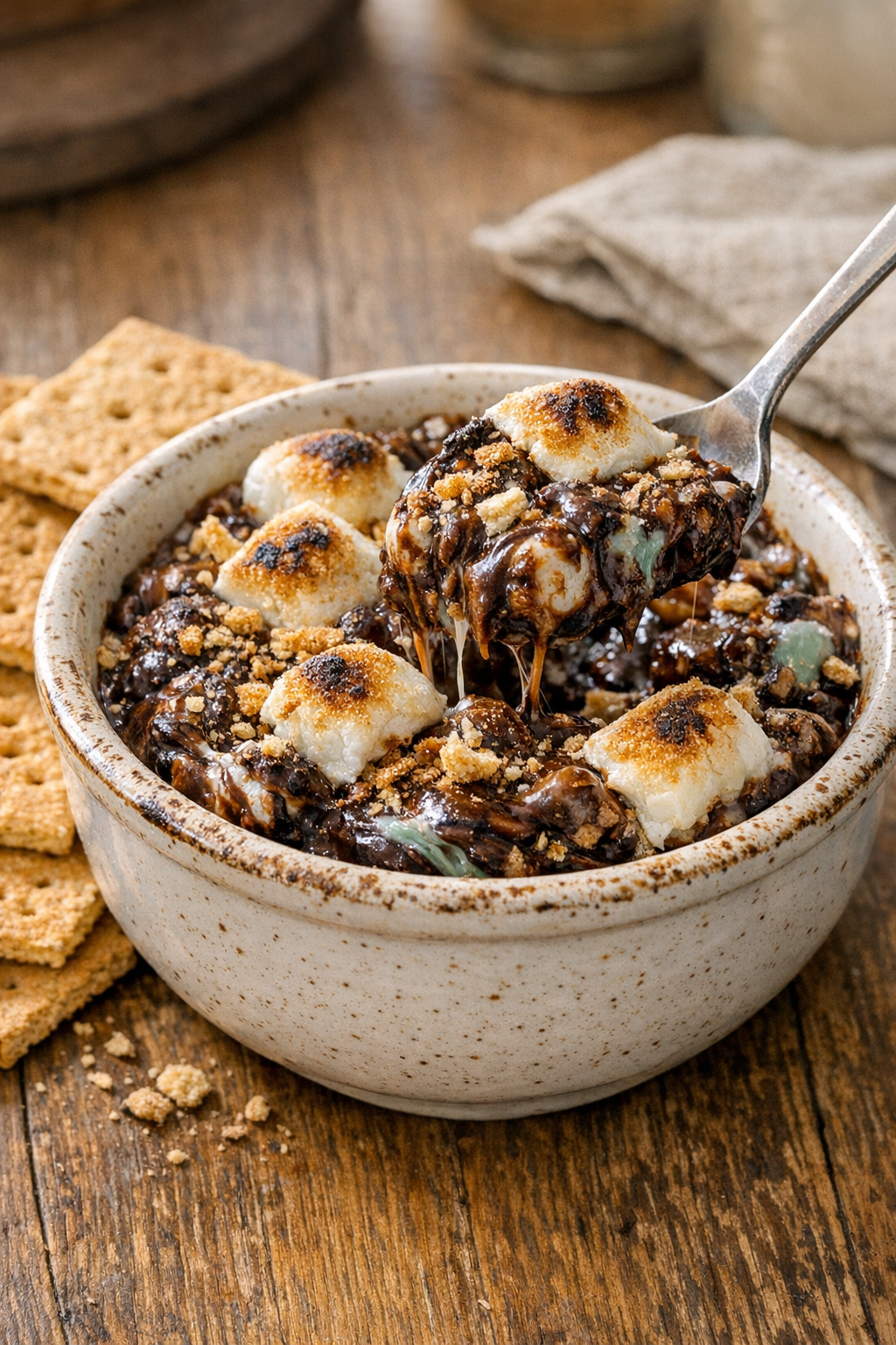 Warm slow cooker s'mores dessert served with graham crackers