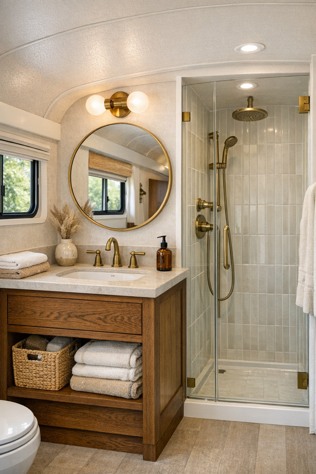 Compact elegant bus bathroom with oak vanity and glass shower