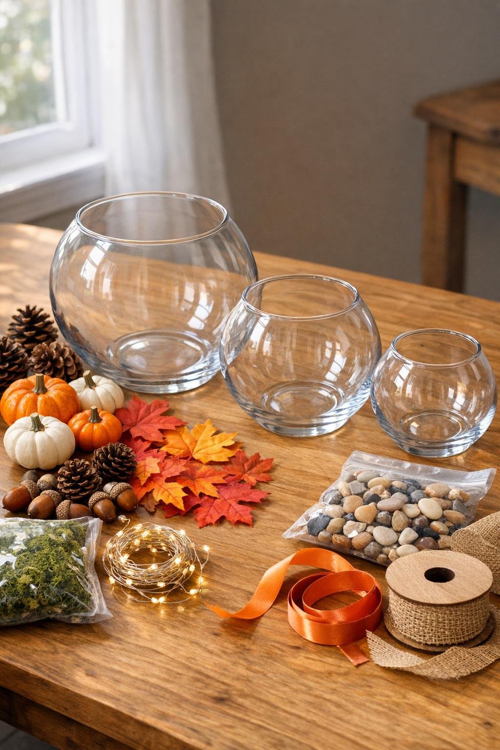 Materials for an autumn terrarium display laid out on a table