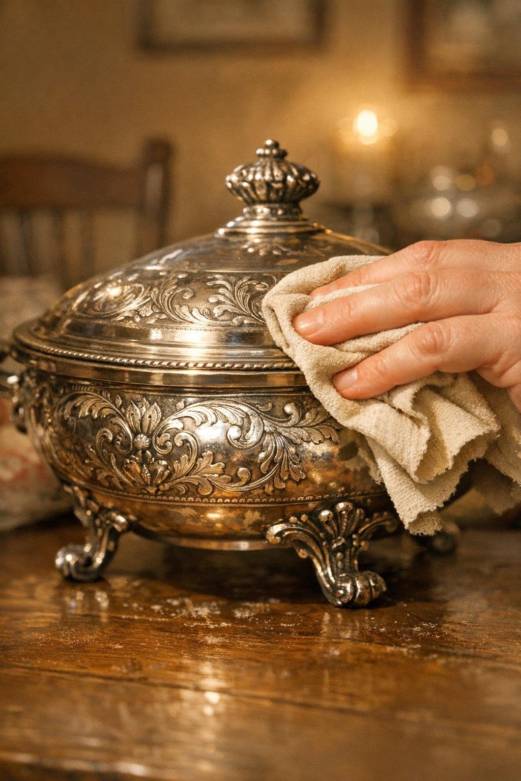 Ornate silver serving piece being polished by hand