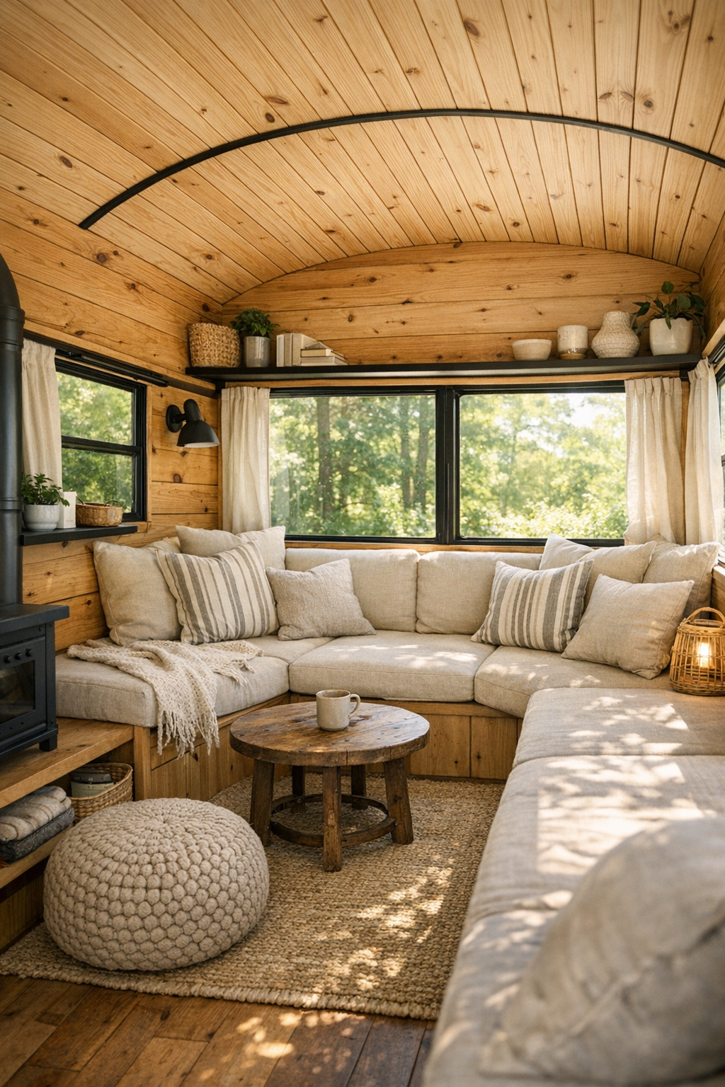 Rustic converted bus living room with built-in bench seating and warm wood finishes