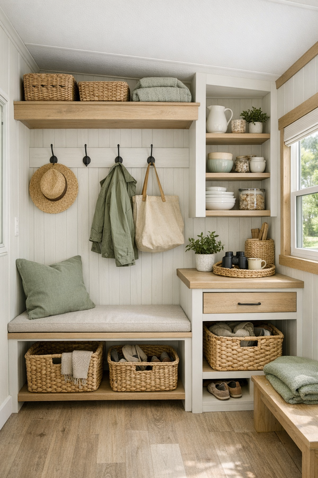 Functional cottage-style nook with built-in storage, a small bench, and organized everyday essentials