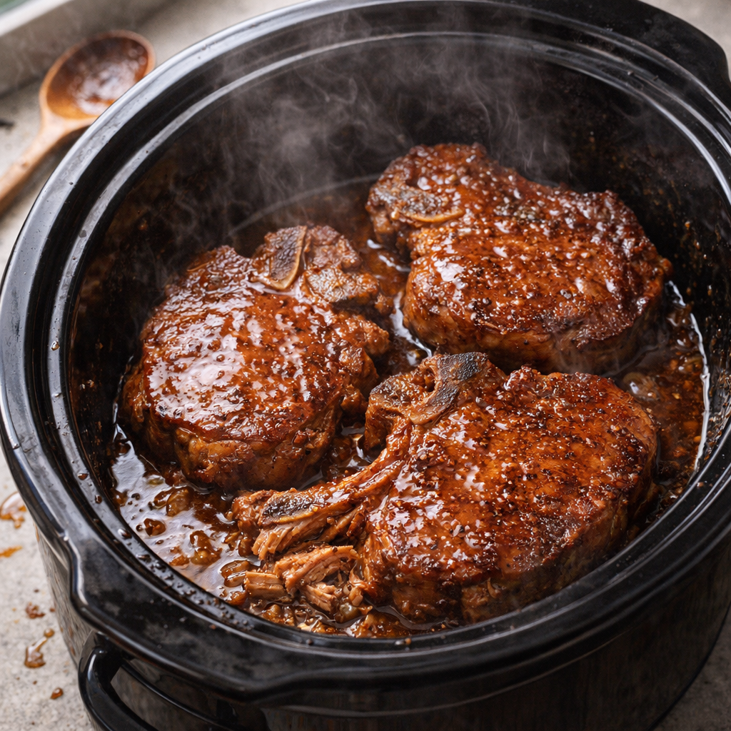 Slow cooker pork chops glazed with brown sugar sauce