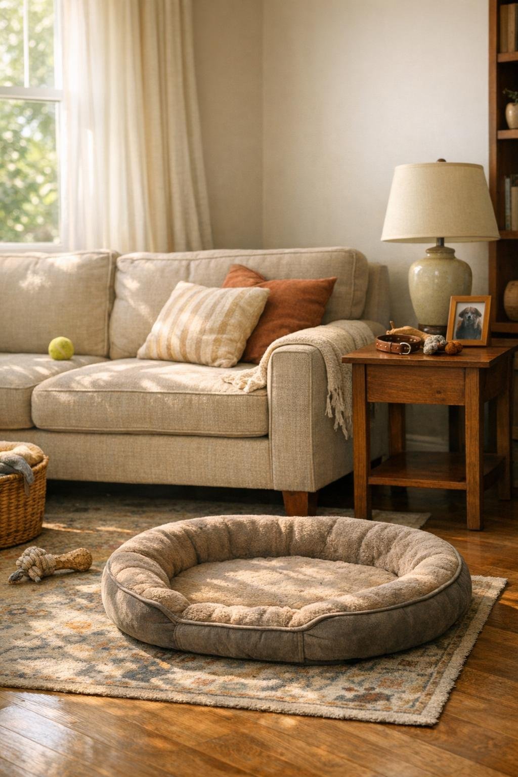 Cozy living room with an empty dog bed near the sofa