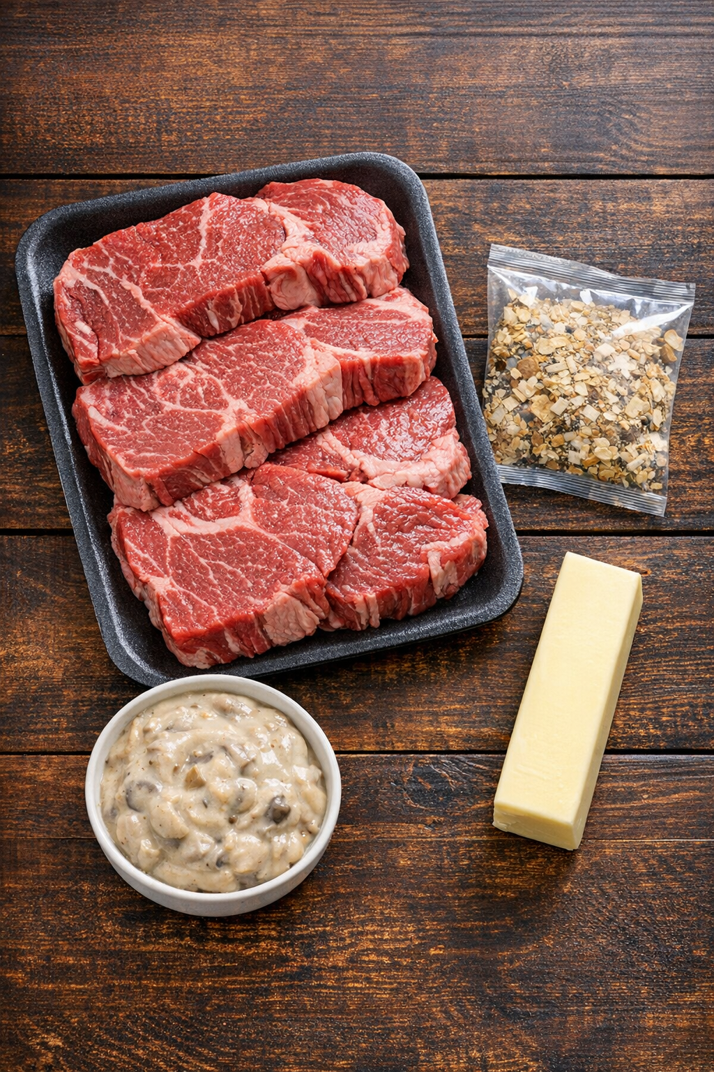 Chuck roast, onion soup mix, mushroom soup, and butter arranged for cooking