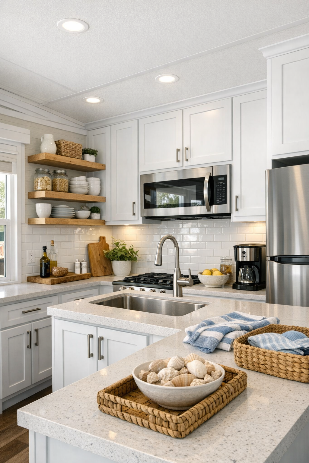 Small bright coastal kitchen with white shaker cabinets, pale quartz counters, and glossy tile backsplash