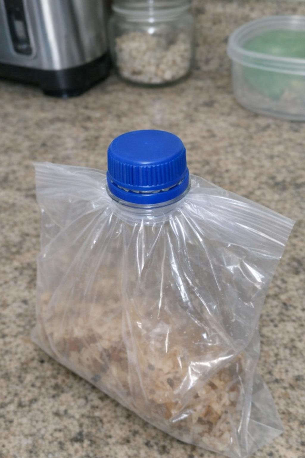 Bottle cap bag sealer on a plastic food bag