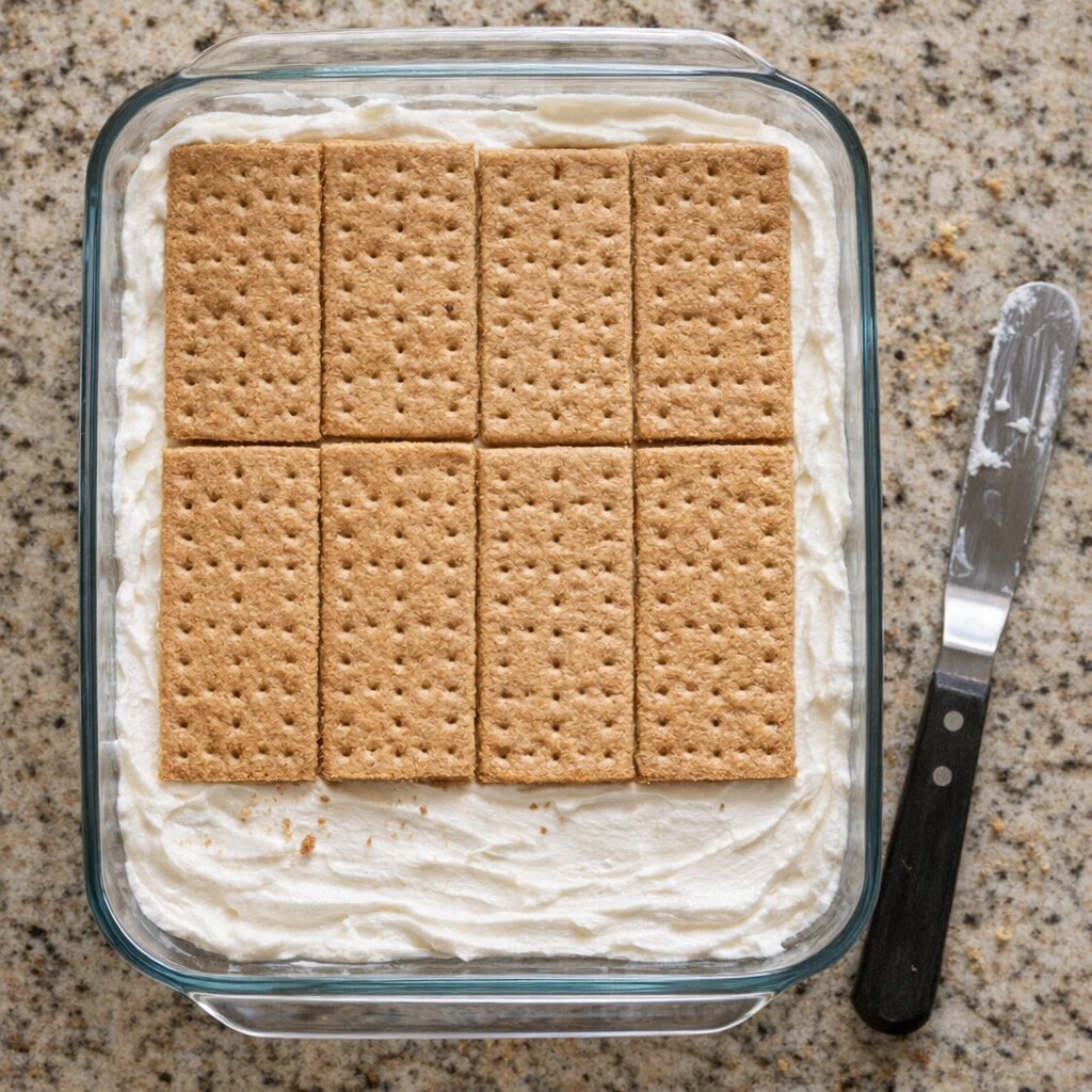 First layer of graham crackers in glass baking dish