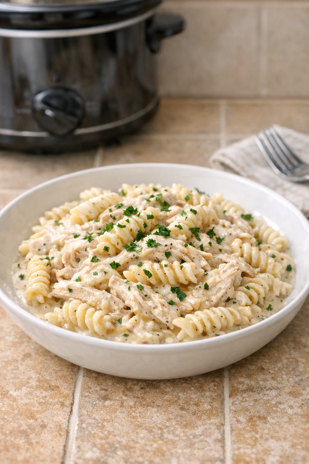 Finished creamy ranch chicken pasta served in a shallow bowl