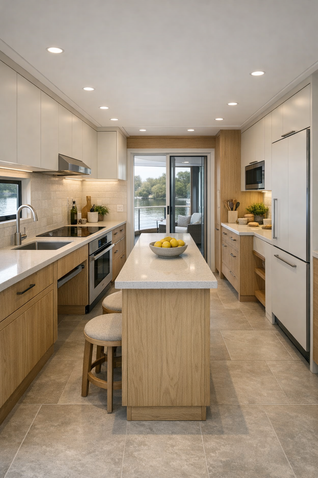 Accessible modern kitchen with white oak cabinetry, pale quartz counters, and a slim island