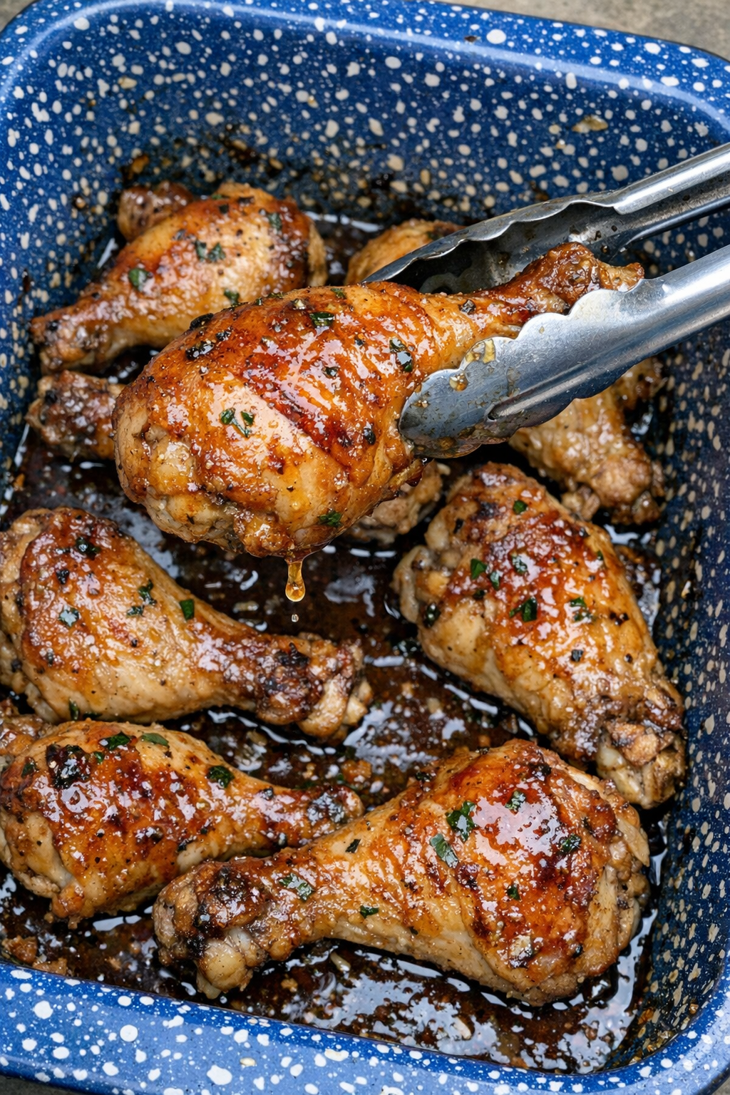 Tender glazed chicken drumsticks in a blue speckled roasting pan