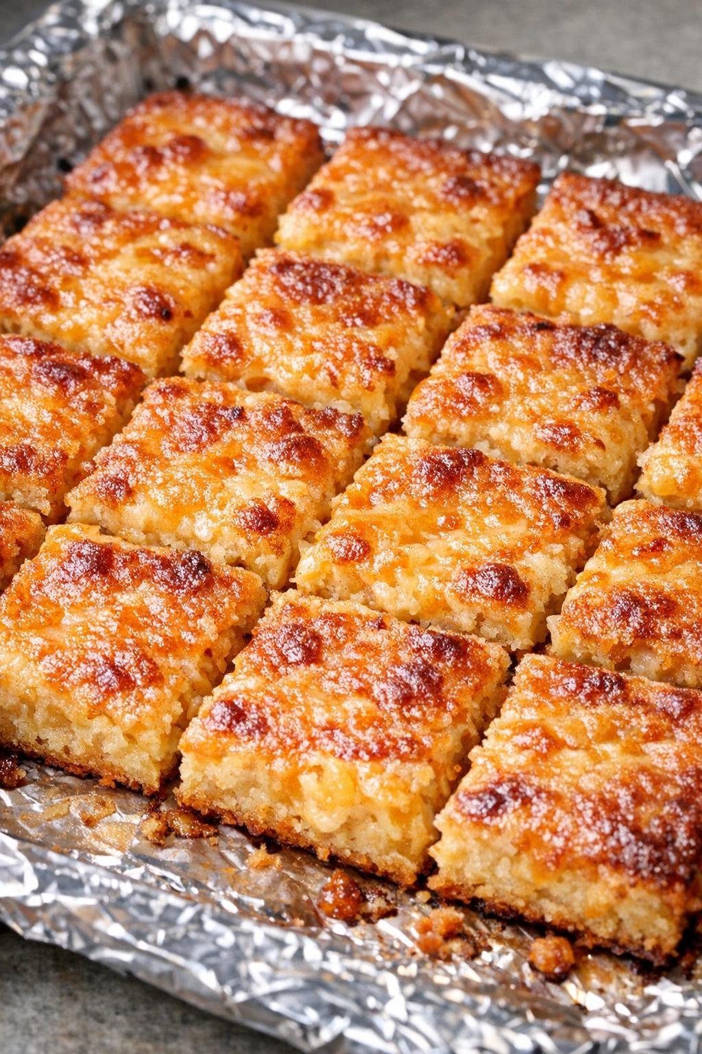 Southern 3-ingredient creamy cheddar squares on a foil-lined baking tray
