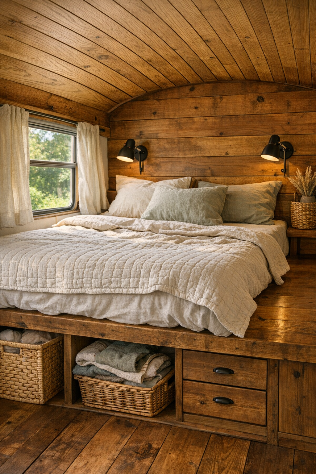 Cozy bus bedroom with raised platform bed, linen bedding, and warm wood walls