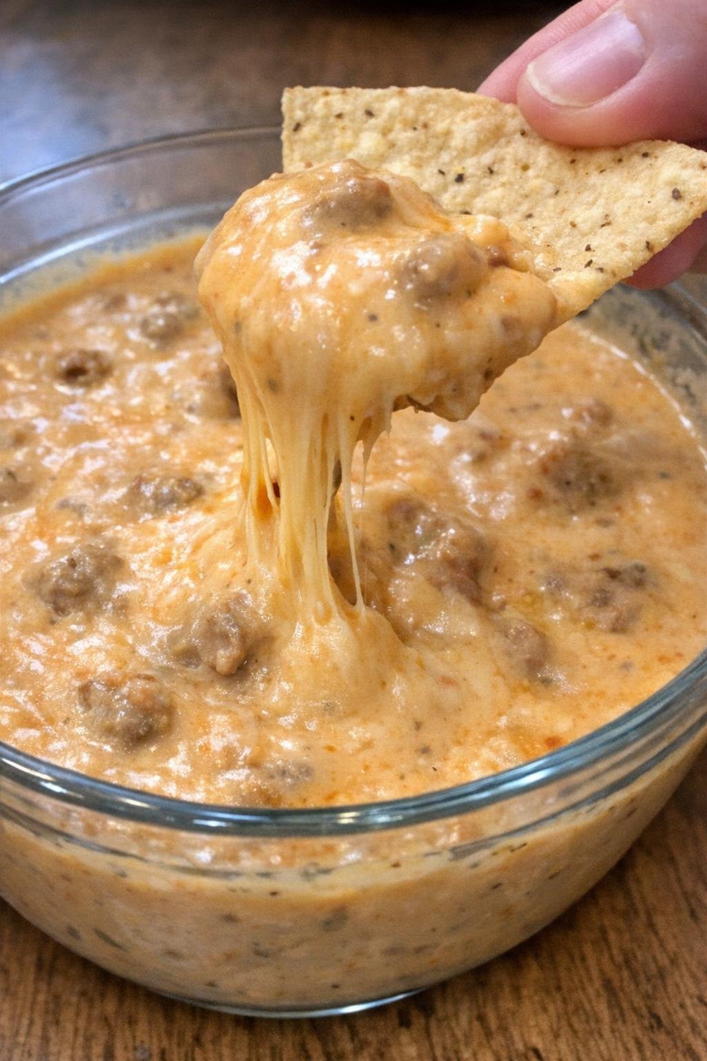 3-ingredient queso abbot dip in a glass bowl with a tortilla chip lifting melted cheese