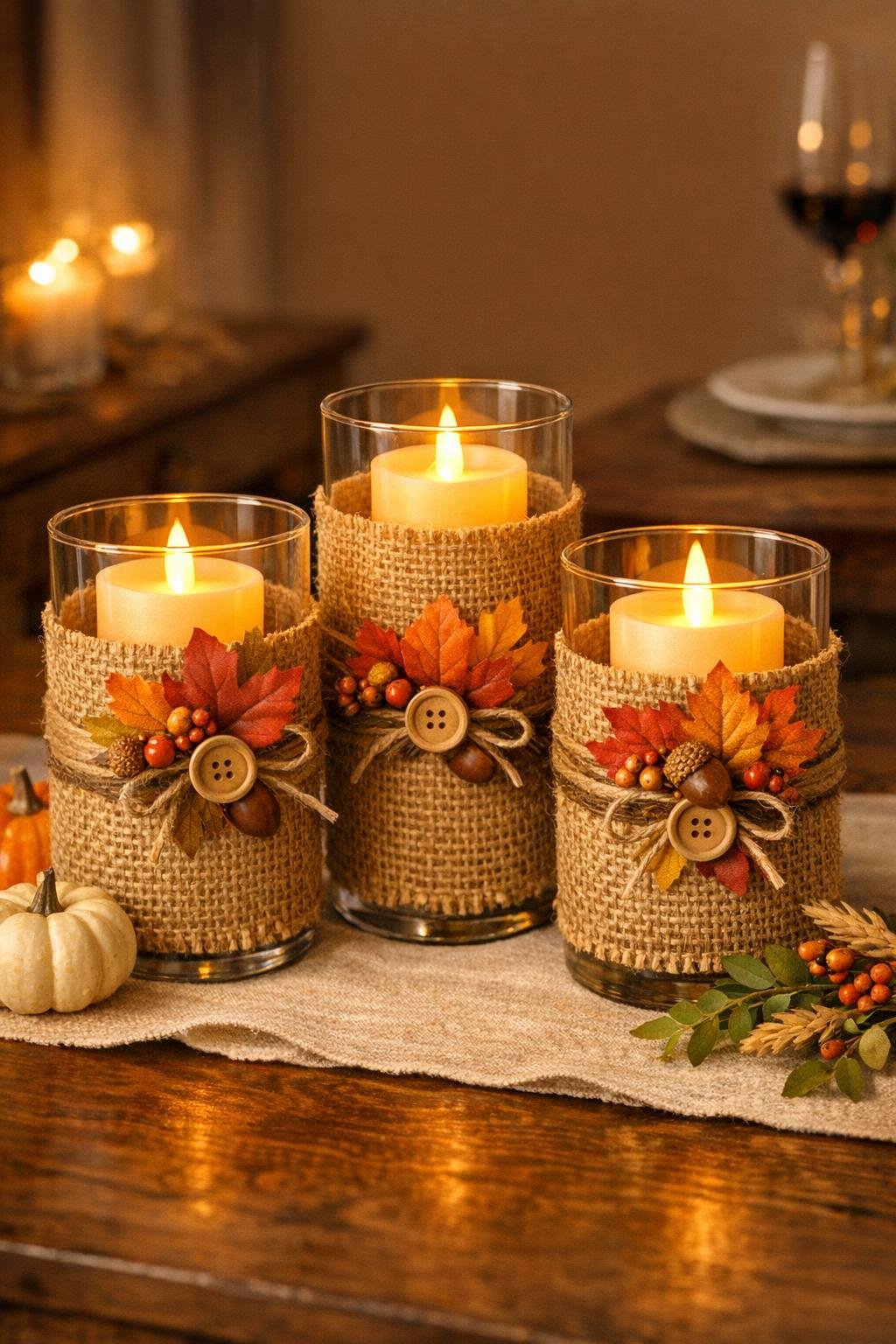 Finished burlap-wrapped harvest candle holders styled on a fall table