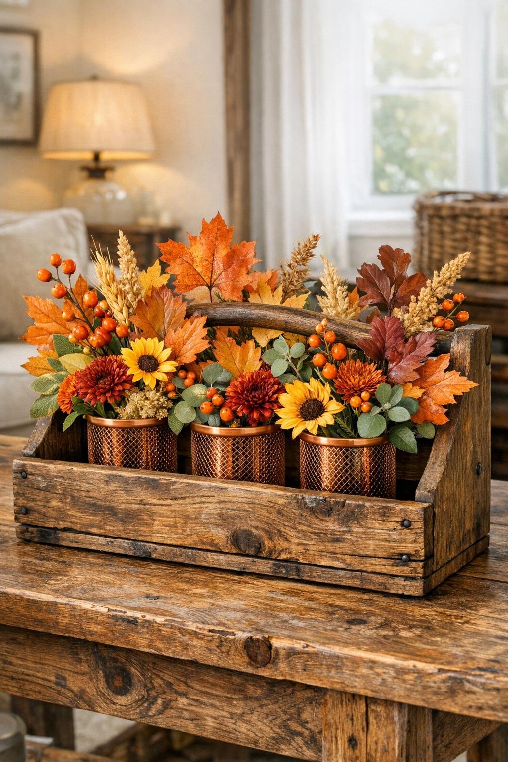 Finished autumn vase display in a rustic wooden toolbox