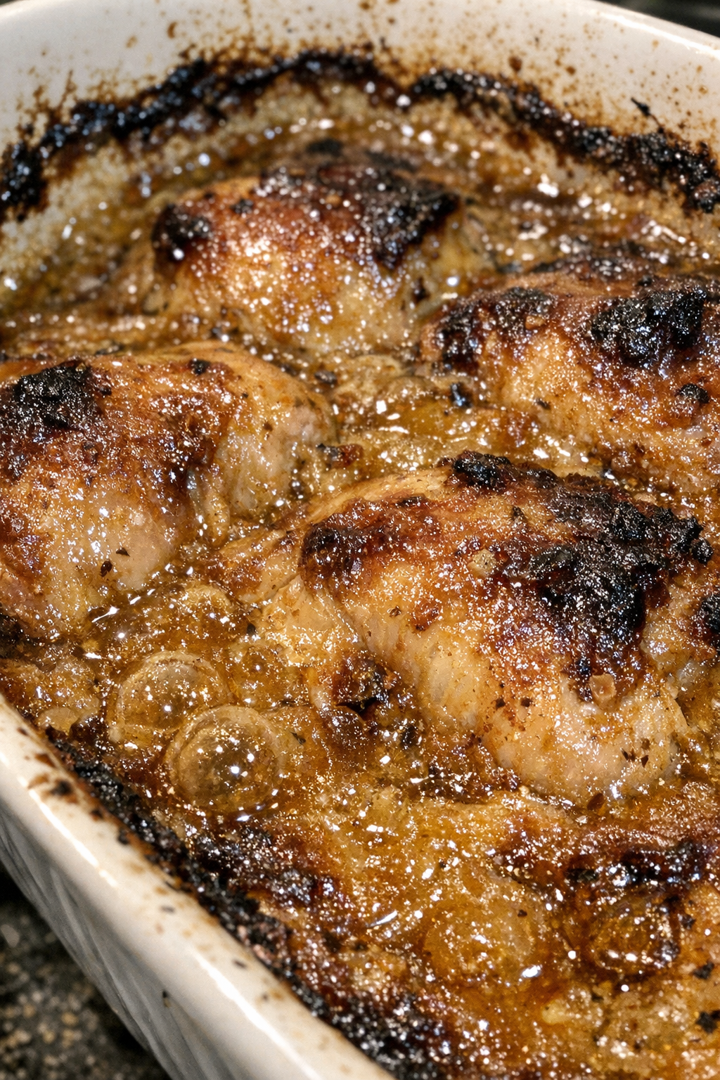 Caramelized casserole in a ceramic baking dish