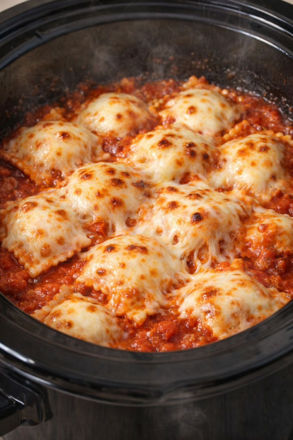 Finished cheesy ravioli in the slow cooker
