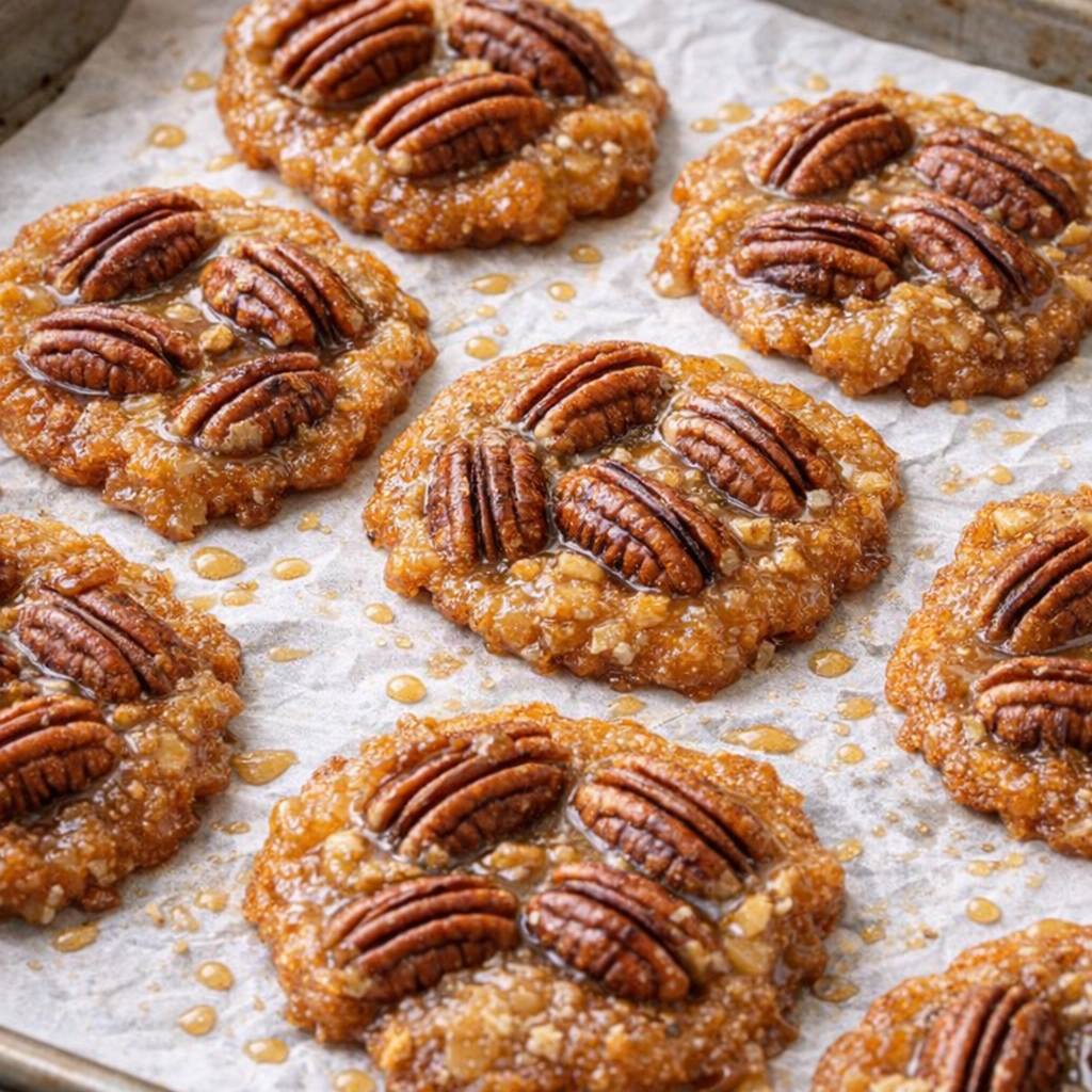Homemade pecan pralines cooling on parchment