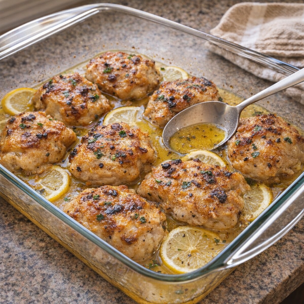 Baked chicken francaise in a glass casserole dish