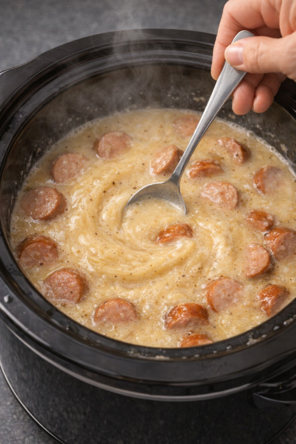 Creamy kielbasa broth base being stirred in the slow cooker