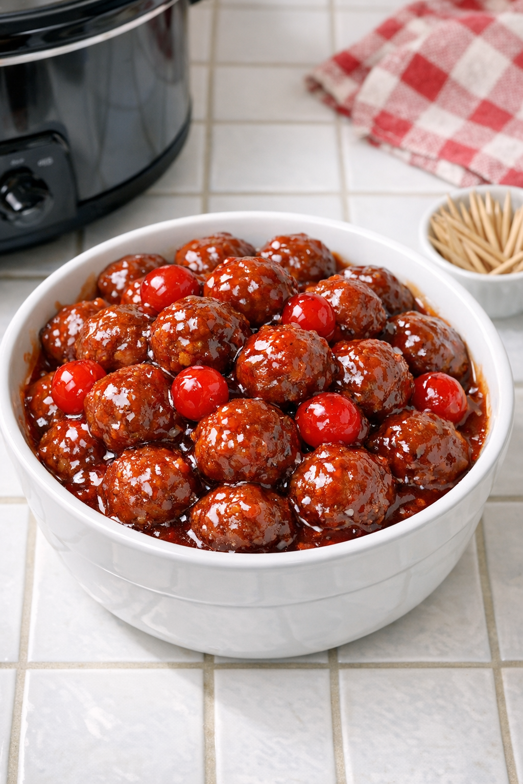 Finished firecracker cherry meatballs in a serving dish
