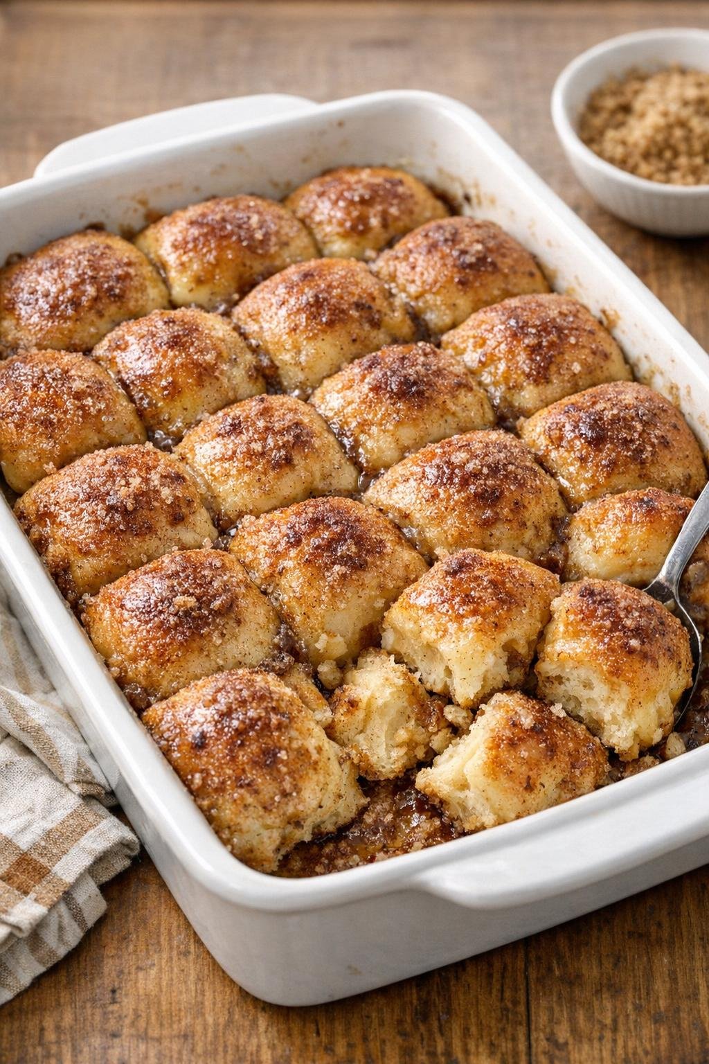 Finished baked cinnamon roll dessert in casserole dish