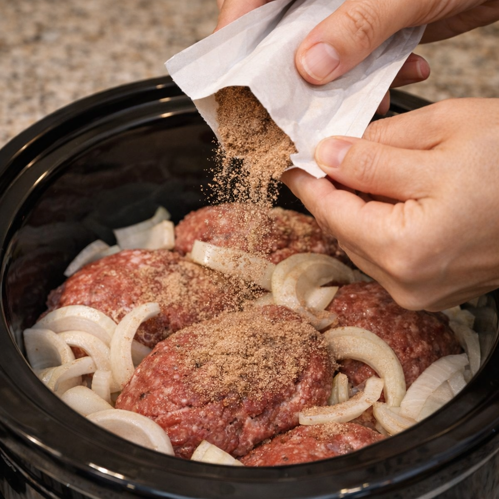 Brown gravy mix sprinkled over beef patties and onions