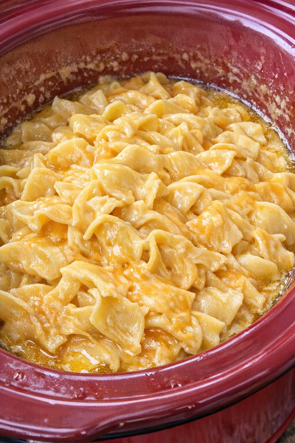 Creamy cheddar noodles in a red slow cooker