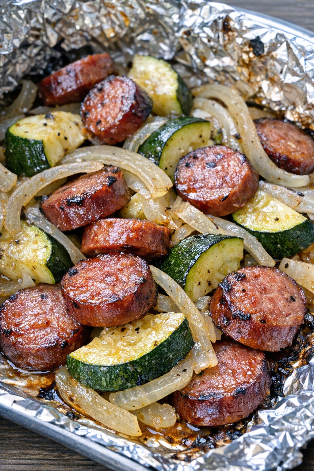Finished smoked sausage and zucchini foil packets