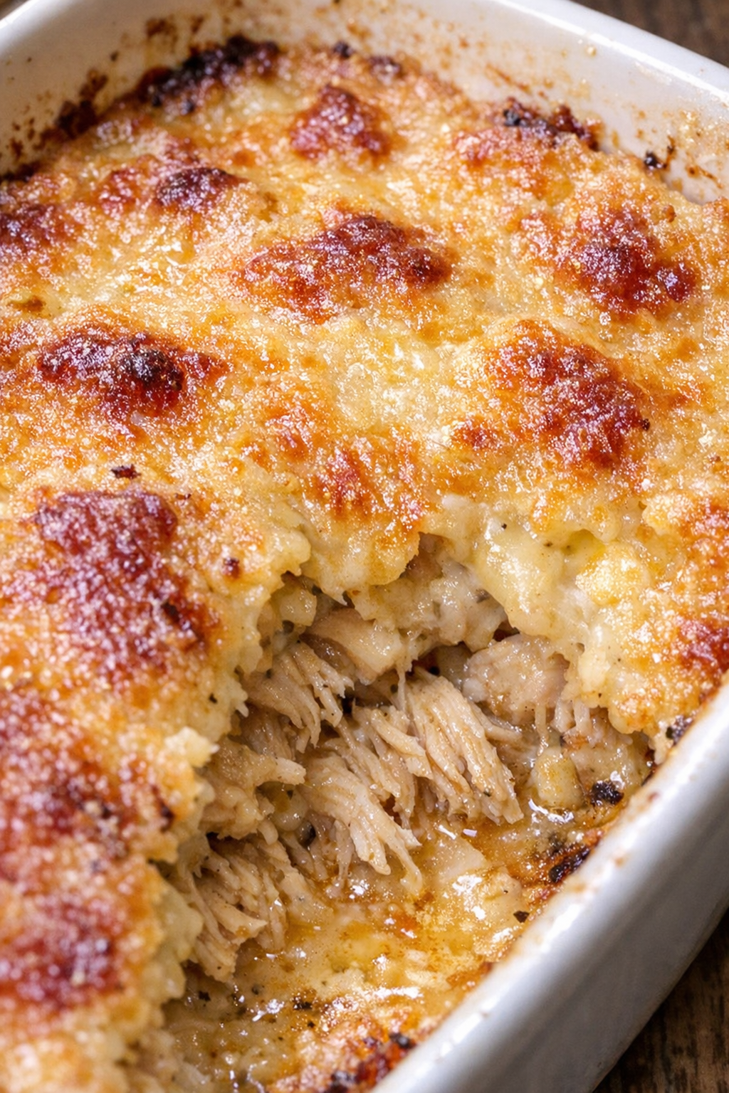 Bubbling casserole in a ceramic baking dish with a golden crust