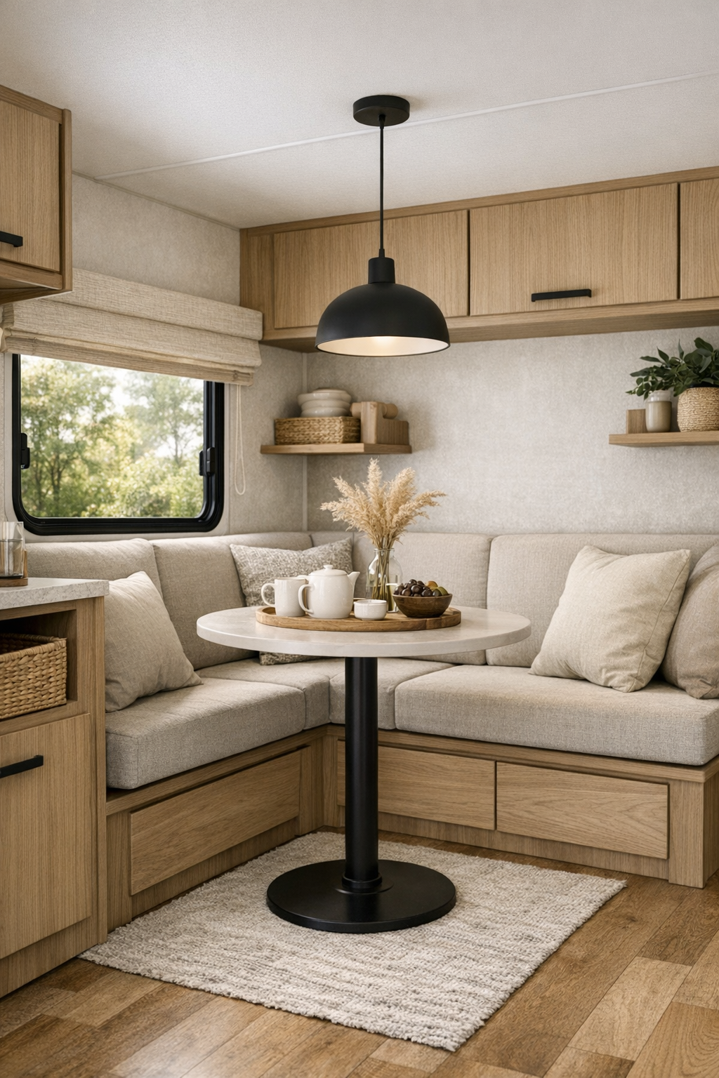 Cozy RV dining nook with a built-in banquette, round pedestal table, and warm pendant light