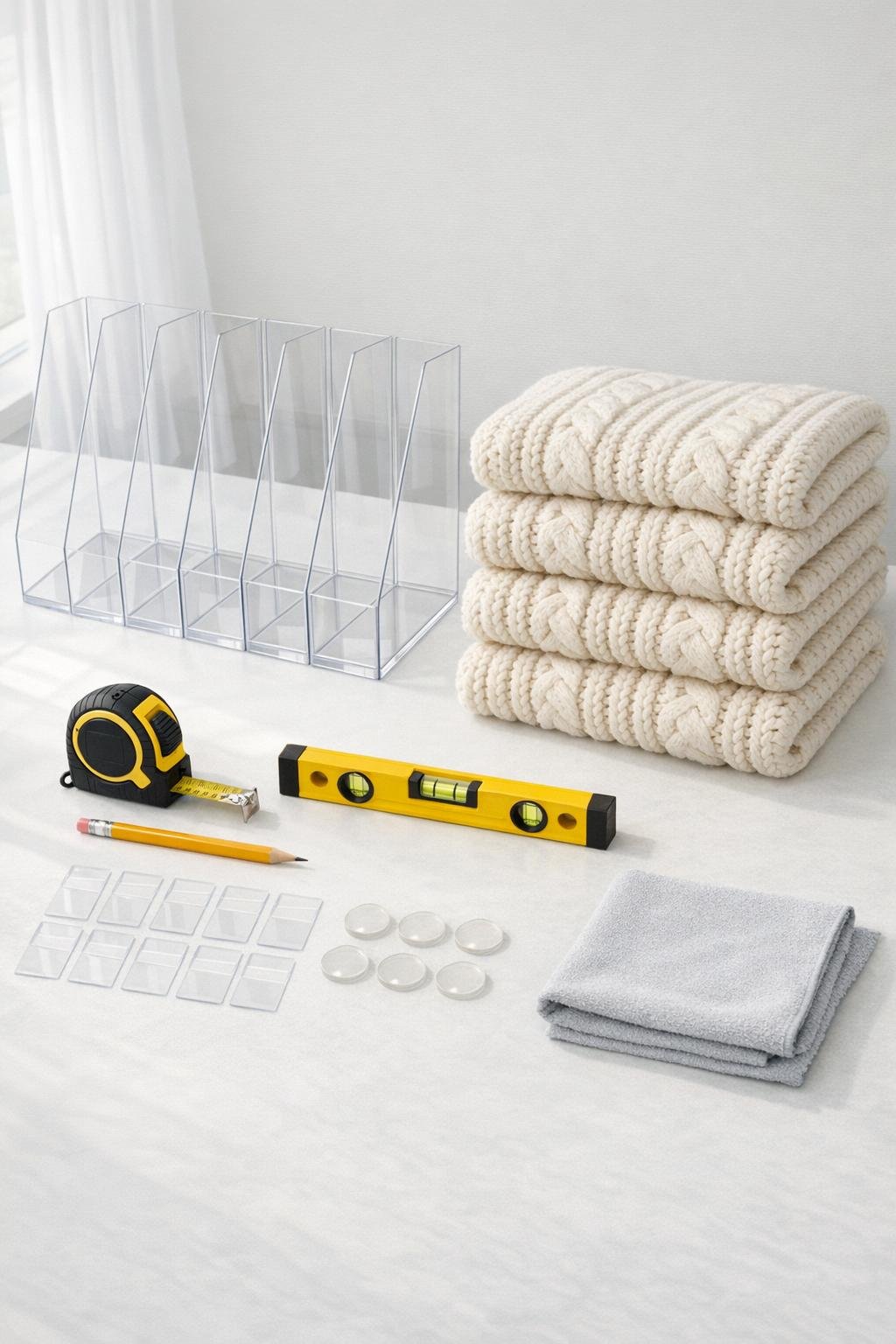 Materials for the acrylic sweater shelf laid out together