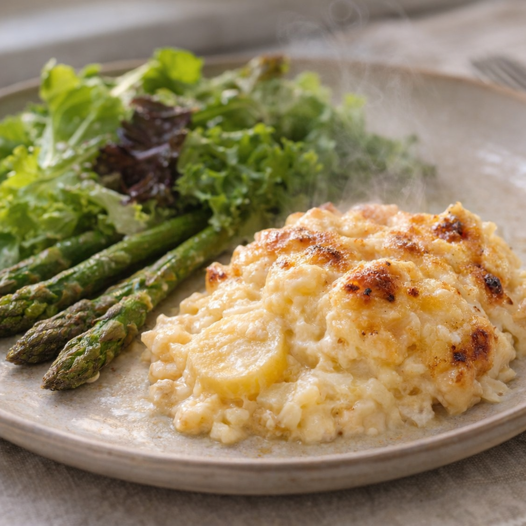Plated serving of creamy potato bake with green vegetables