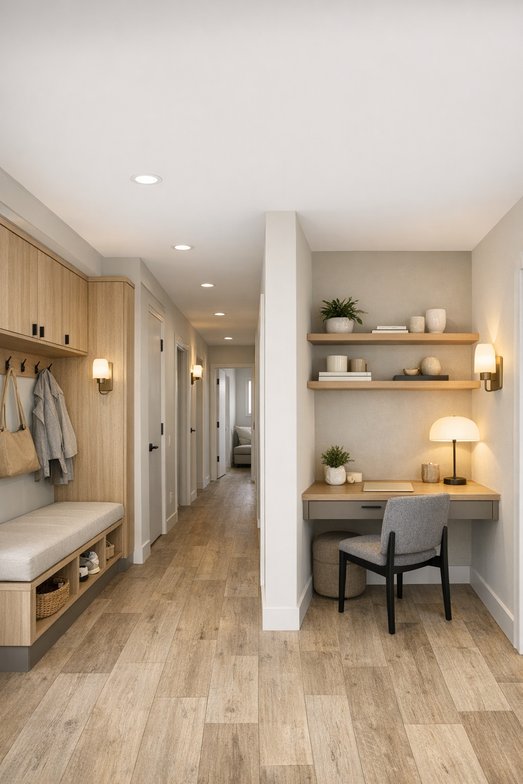 Functional hallway and flex nook with built-in storage in a modern container home