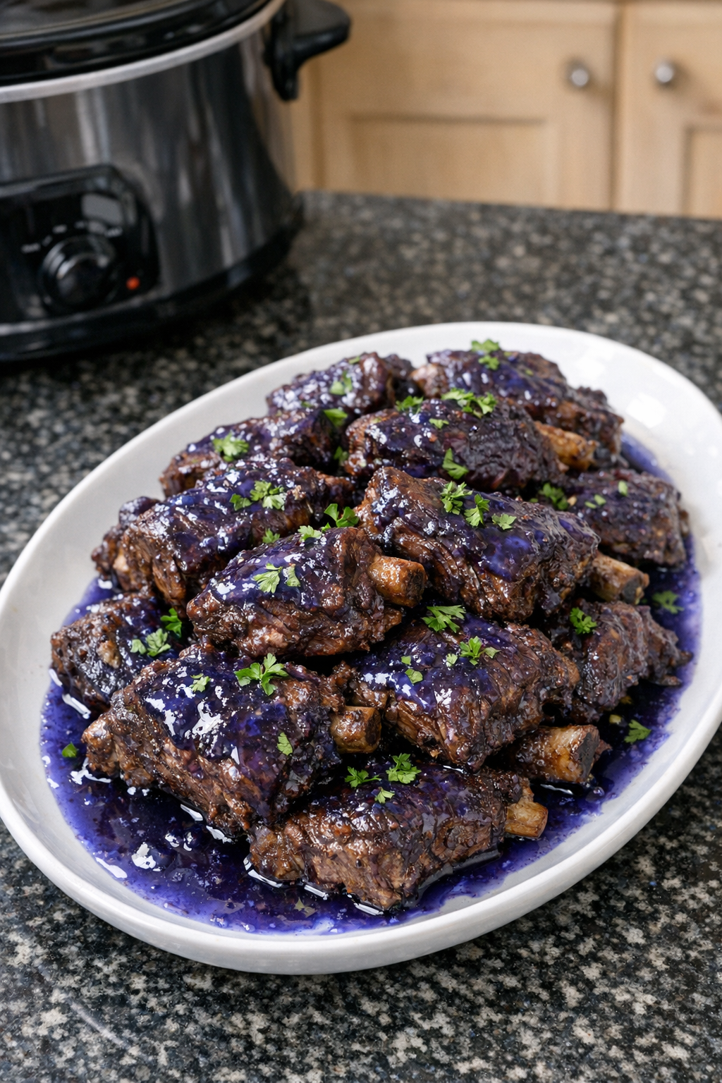Finished plated slow cooker short ribs with glossy blue-tinted sauce