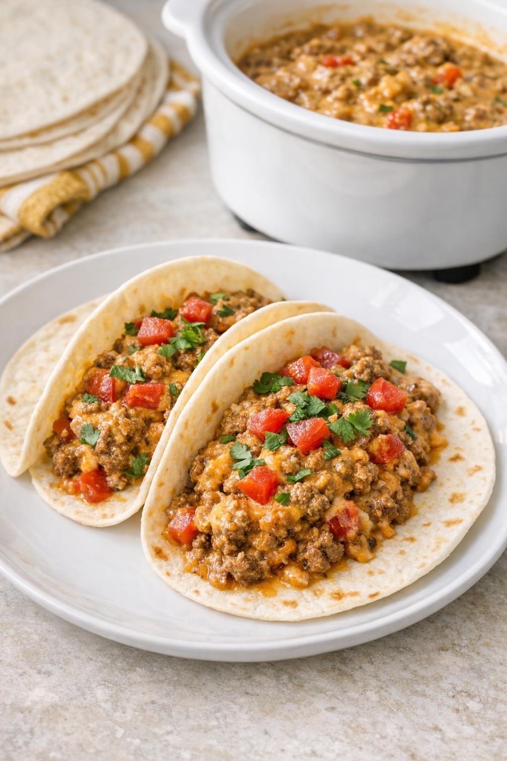 Finished queso beef taco meat served in tacos